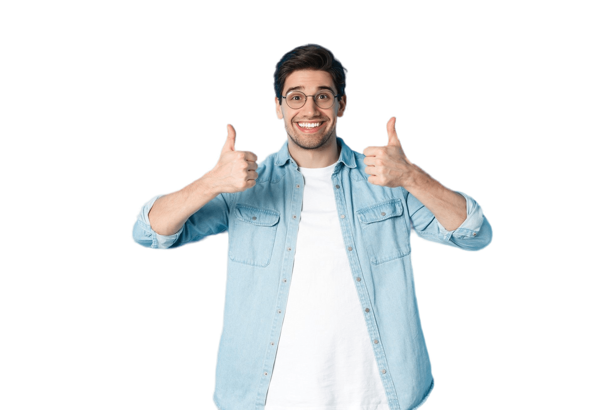 attractive young man wearing glasses casual clothes showing thumbs up approval like something standing against blue background transformed