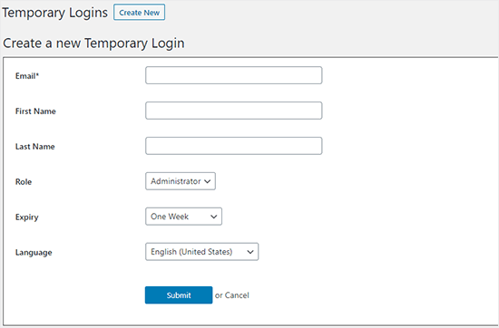 Temporary Admin Access WordPress 2 create new temporary login